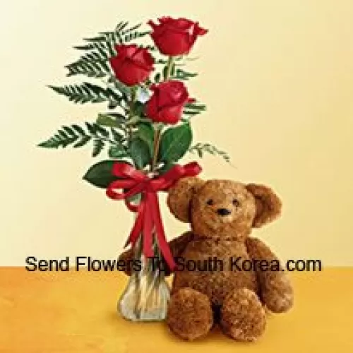 3 Roses Rouges avec des Fougères dans un Vase en Verre accompagnées d'un Mignon Ours en Peluche de 12 Pouces de Hauteur